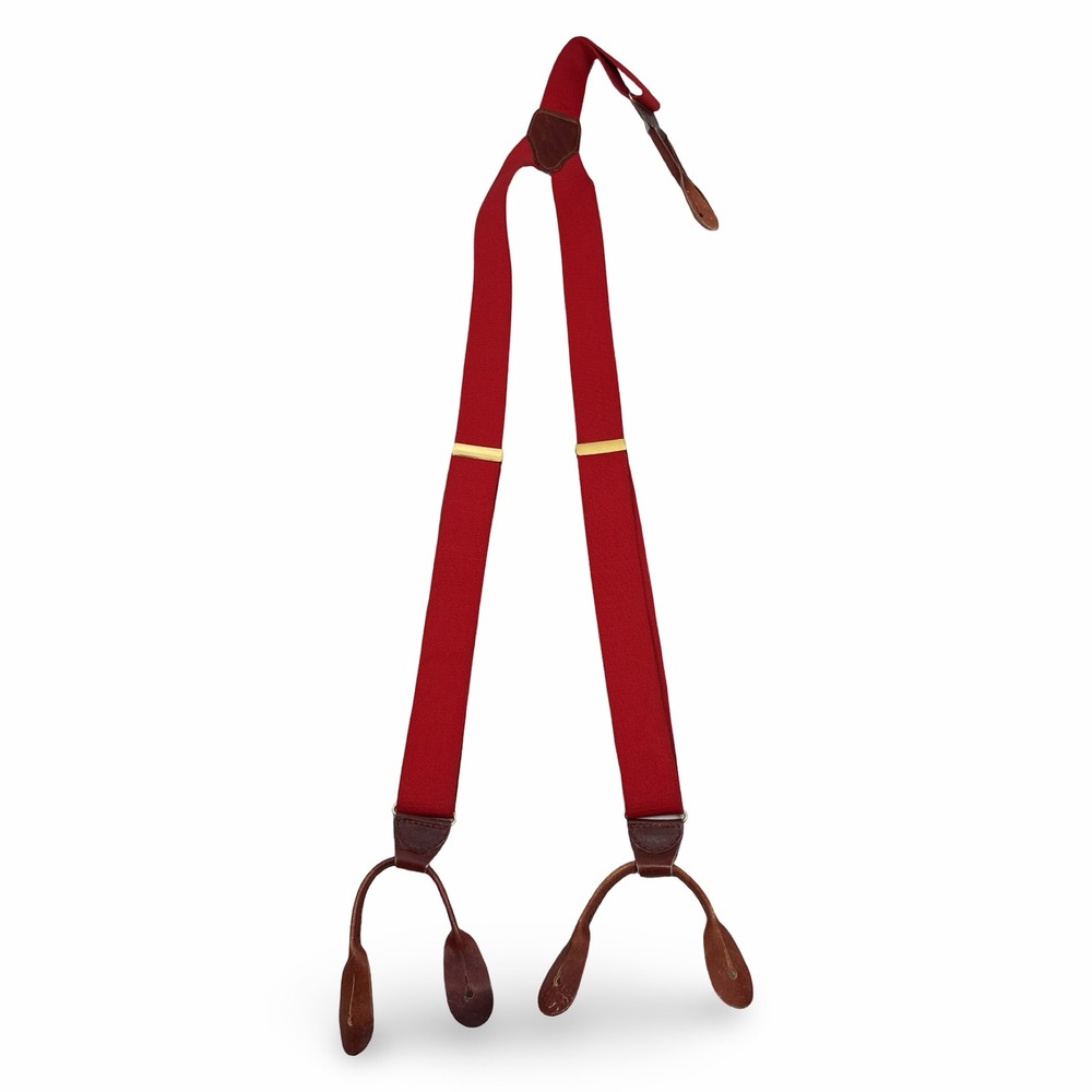 Vintage CAS West Germany Red Elastic Brown Leather Button Loop Y-Back Suspenders